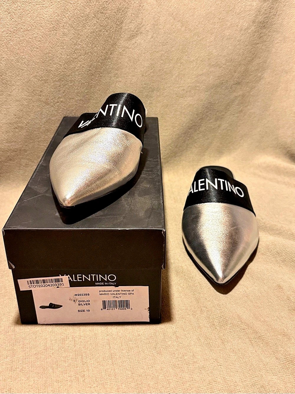 Valentino Pointed-Toe Mules in Silver & Black US 7.5